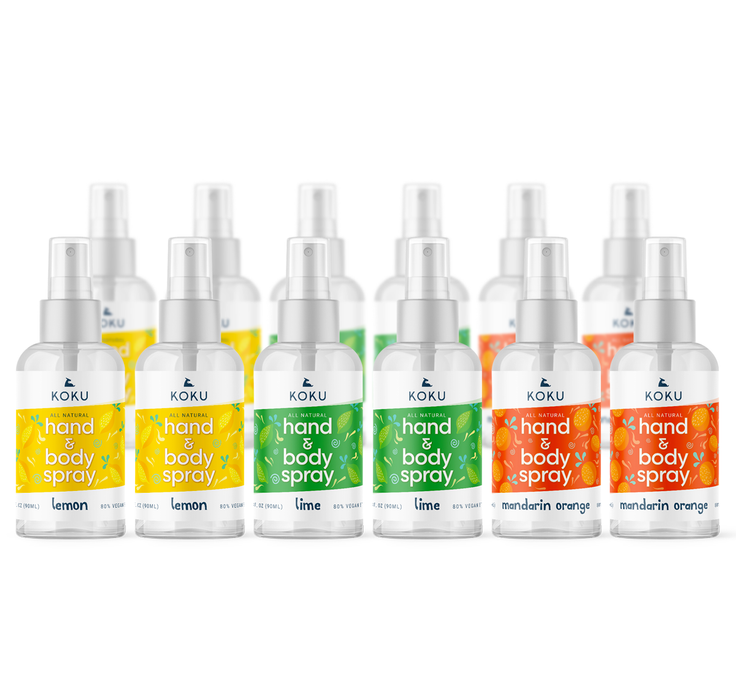 Variety Pack 6 | Koku Citrus Hand & Body Spray Set of 3 Scents  |  Lemon-Lime-Mandarin Orange |  12 x 3 fl oz | 12x VALUE PACK